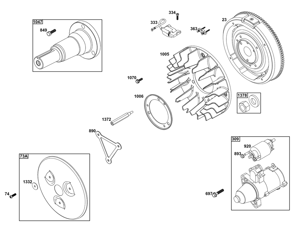 Flywheel/Ignition/Starter Group Diagram and Parts List for 61A277-0110-J1  Briggs and Stratton Engine